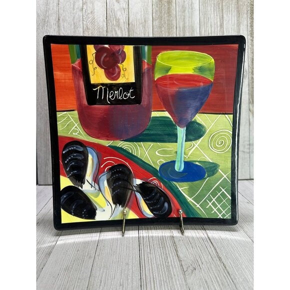 Vtg Mary Naylor Designs Painted Ceramic Platters Plates Set of 2 Wine 9.5" - Picture 3 of 6